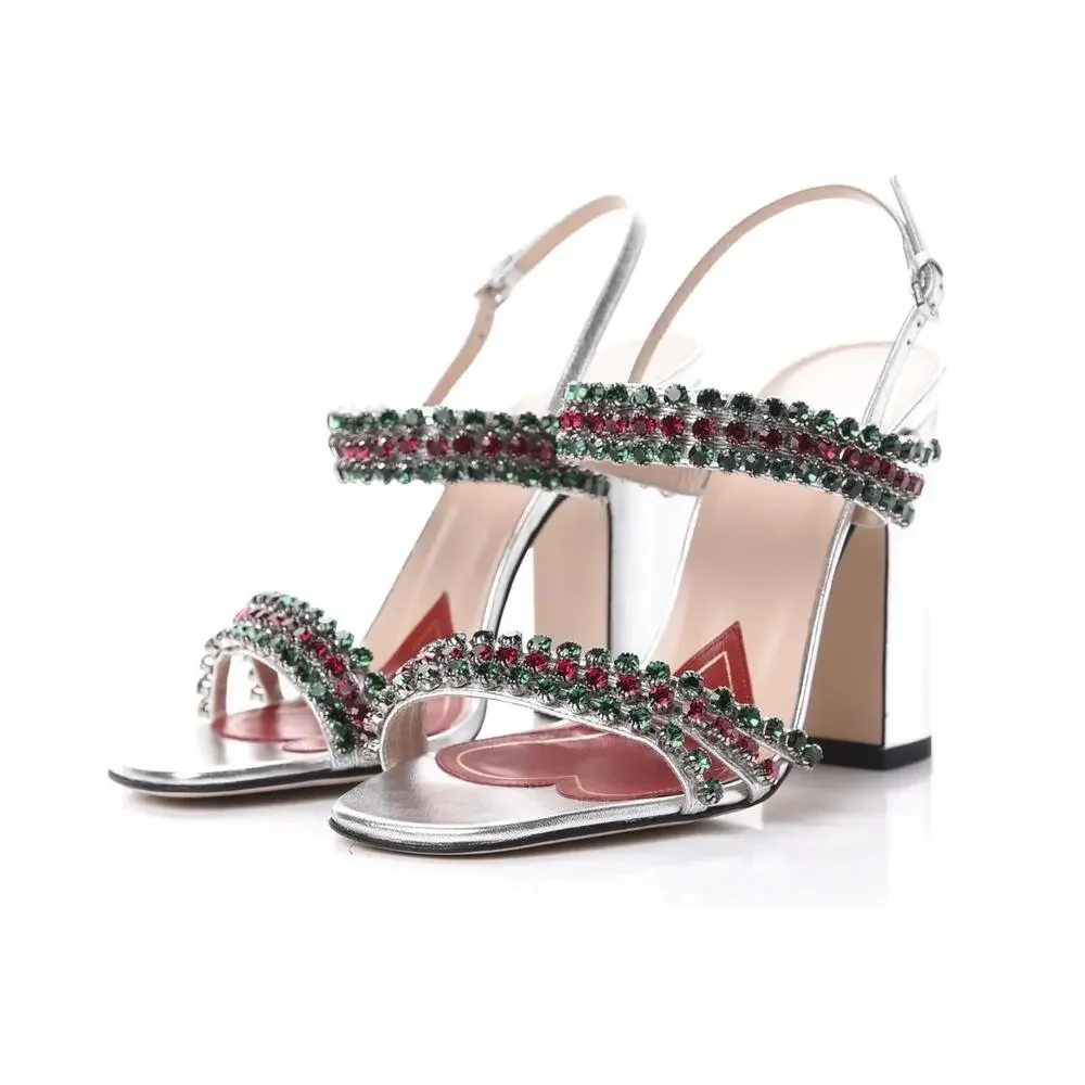 NEW GUCCI Bertie Nappa Leather Crystal Strappy Sandals Size 37 Silver - Picture 2 of 11